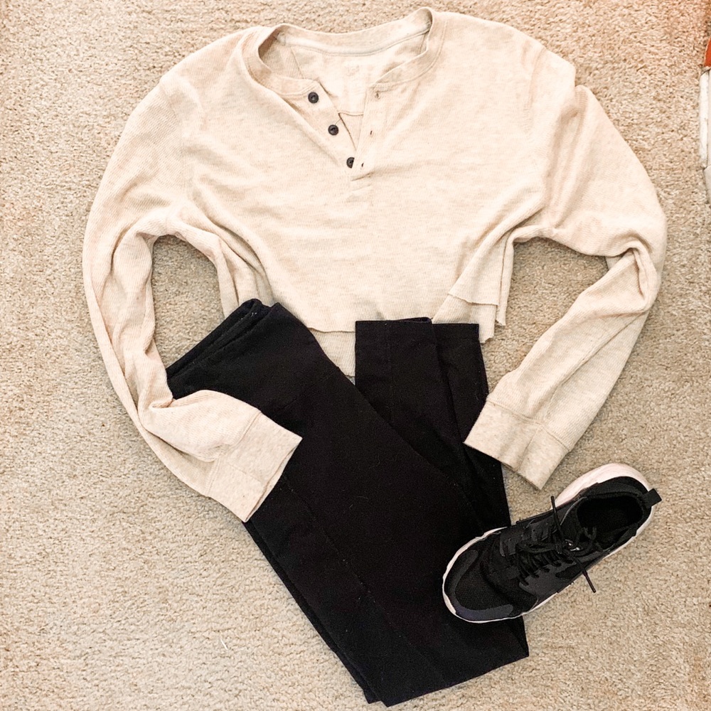 SOLD Cream Button Up Waffle Knit Cropped Long Sleeve